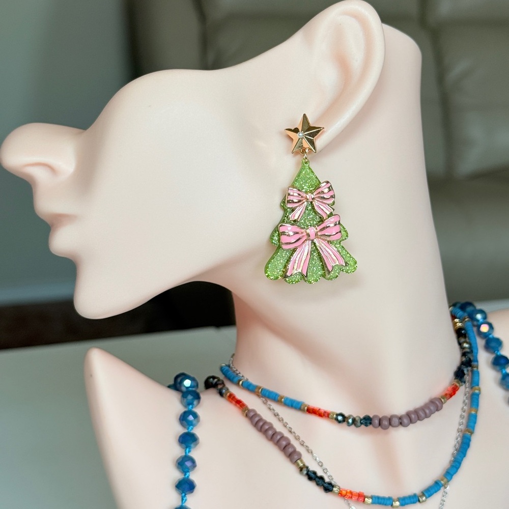 Holiday Green Glitter Christmas Tree Drop Earrings with Pink Bows